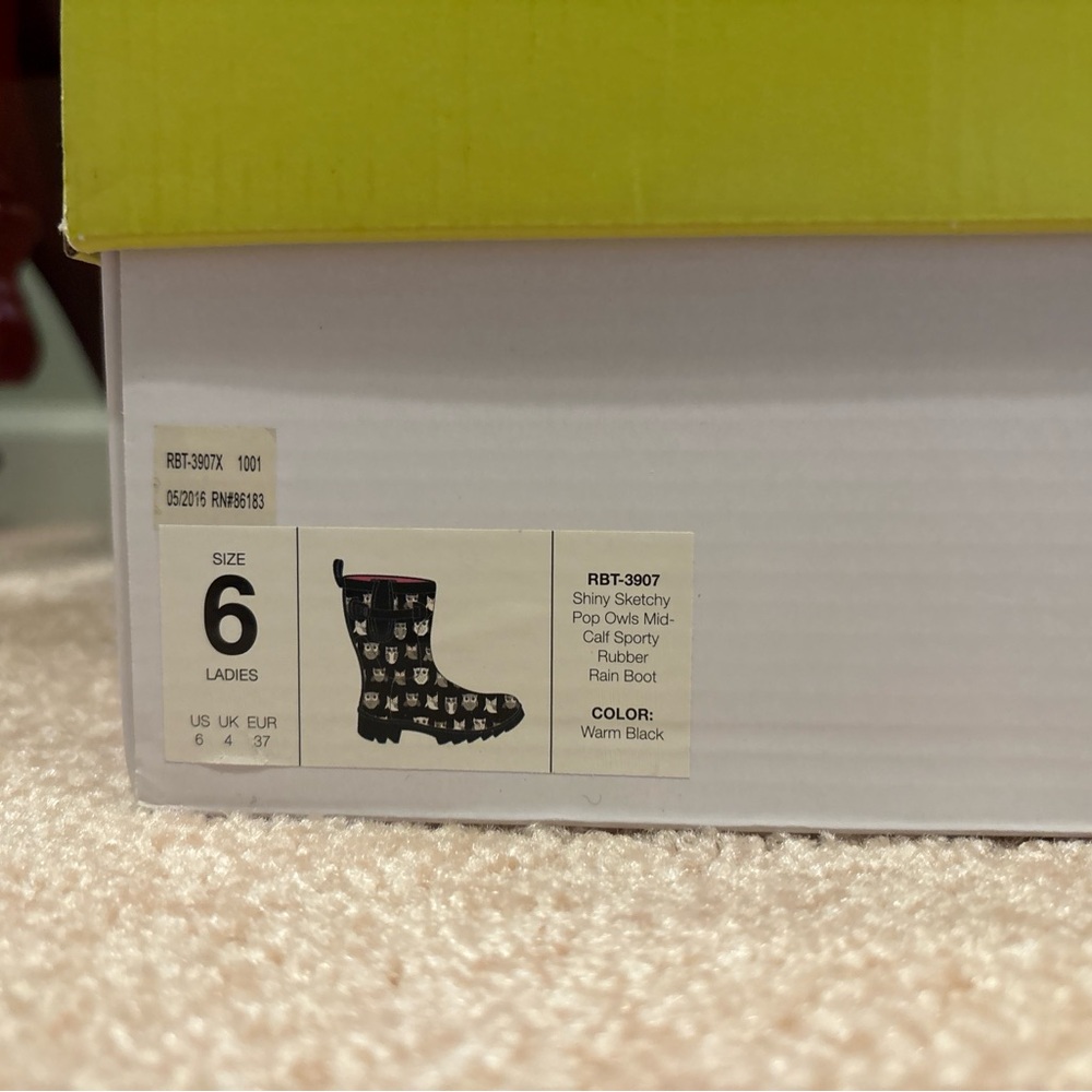 Capelli New York‎ Owl Print Rain Boots Women’s 6 Mid-Calf Rubber Pink Lining Box - Picture 2 of 6